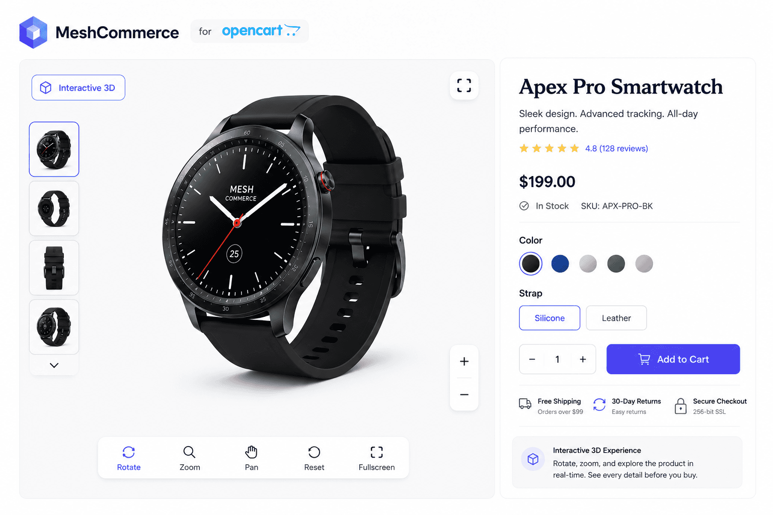 OpenCart product page with an interactive 3D model viewer, showing rotate and zoom controls